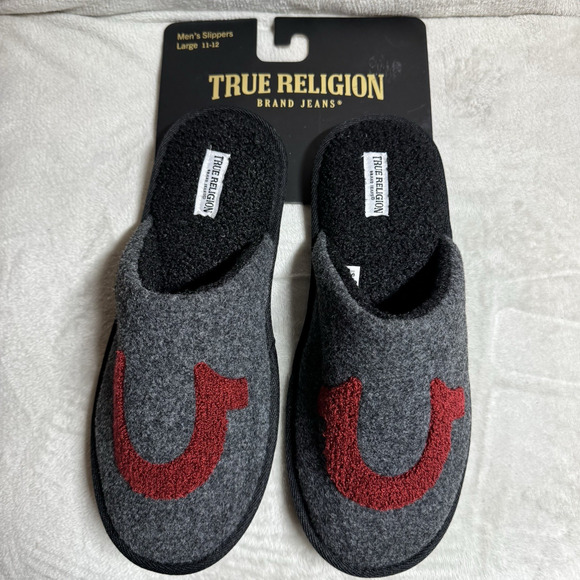 True Religion NEW Logo Slippers Men Sz Large 11-12 Gray Red Fleece - Picture 1 of 7